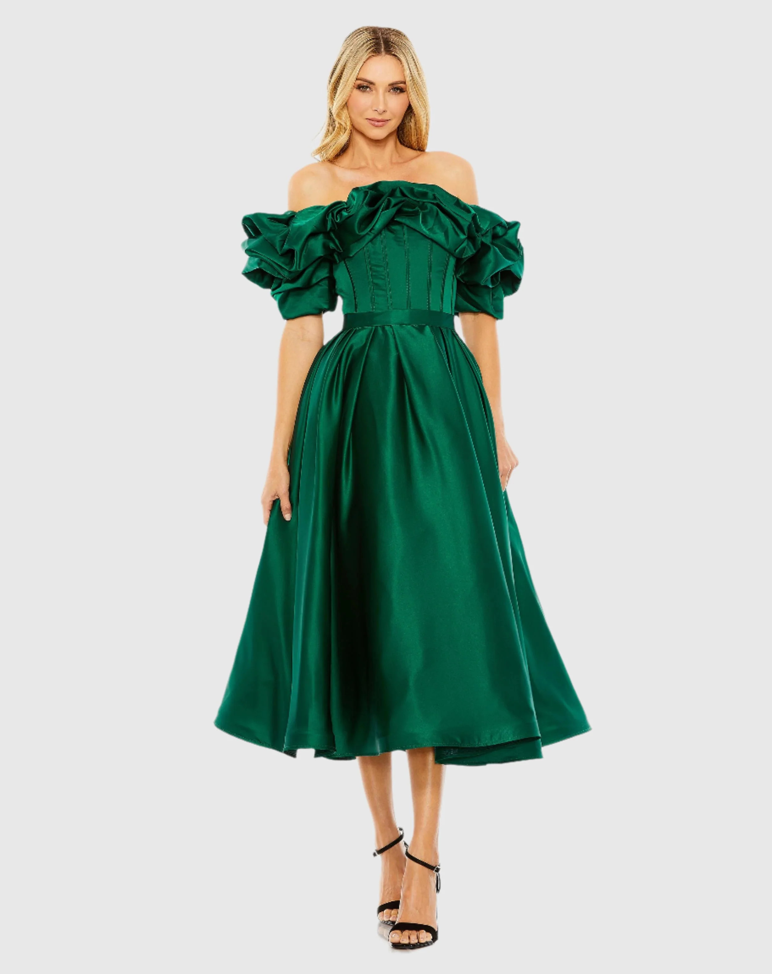 Off The Shoulder Tea Length Dress | Mac Duggal