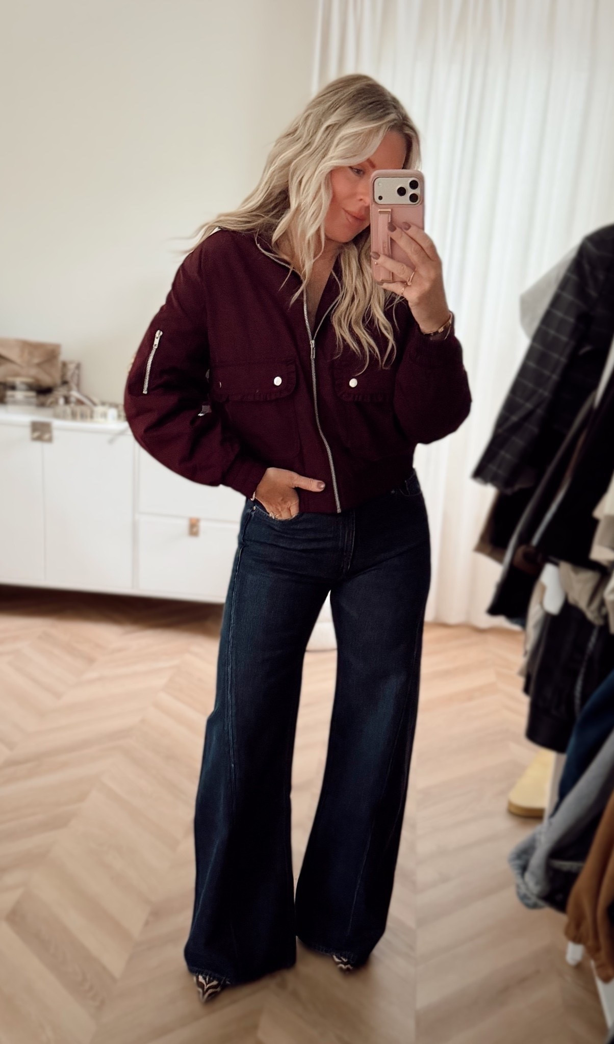 Walmart ruffle trim jacket is so cute in this gorg color! 🤎🍂
I did small. Linking similar jeans.

Outerwear. Maroon jacket. Denim. Fall outerwear.