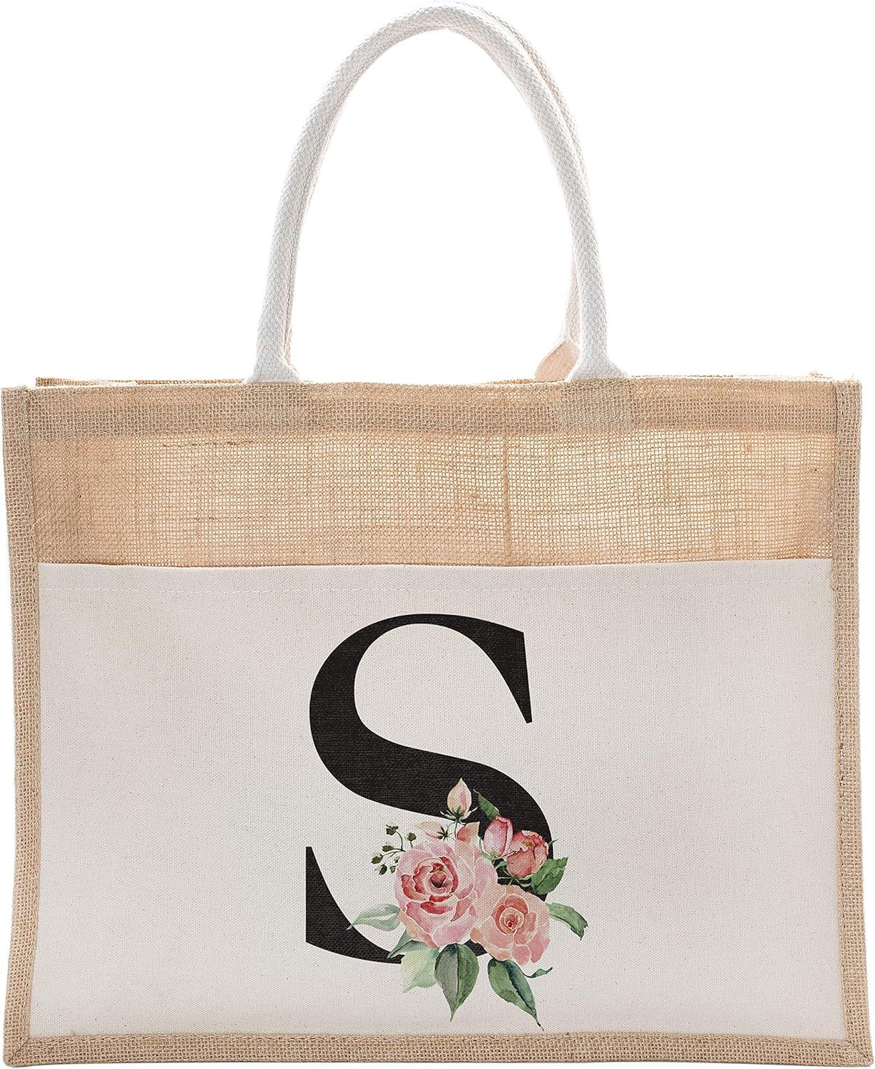 Daily Use Canvas Tote Bag With Floral Initial For Beach Workout Yoga Vacation #2 | Amazon (US)