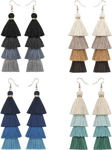 Eigso Women 3-9 Pairs Colorful Long Tassel Thread Ball Dangle Earrings Black Red Sequin Drop Earr... | Amazon (US)