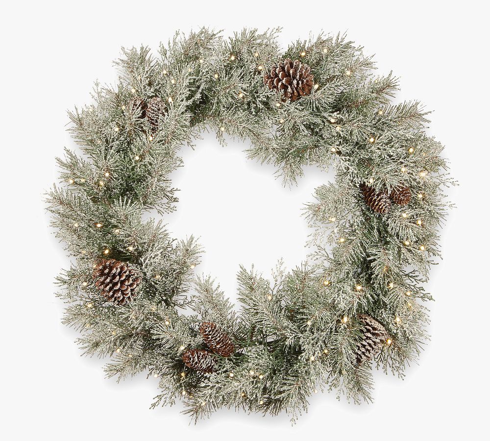 Pre-Lit LED Faux Mountain Spruce Flocked Wreath & Garland | Pottery Barn (US)