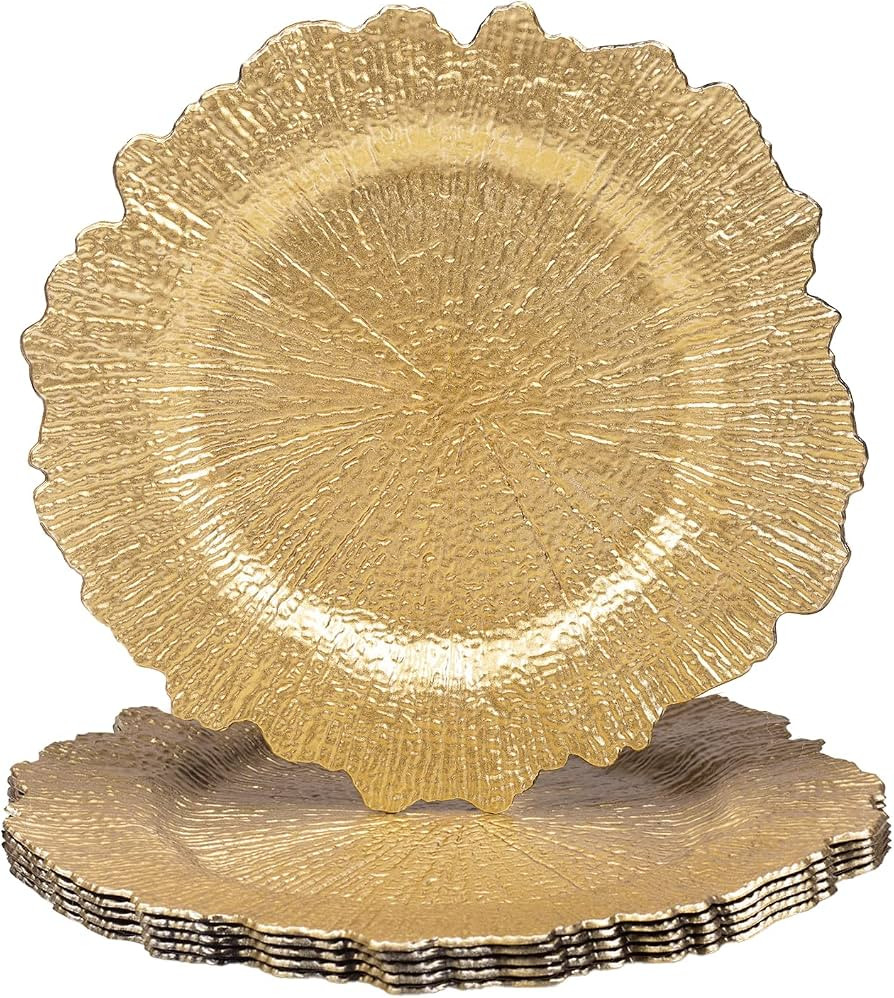 MAONAME 13" Gold Charger Plates, Round Reef Chargers for Dinner Plates, Plastic Plate Chargers fo... | Amazon (US)