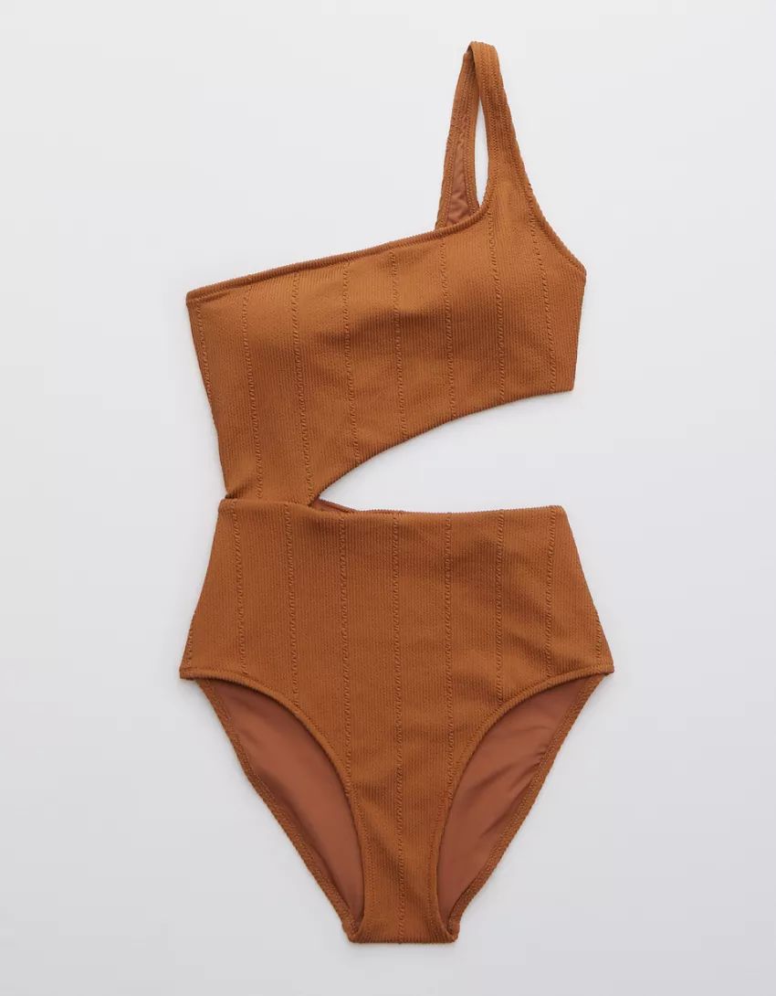 Aerie Crinkle Asymmetrical Cut Out One Piece Swimsuit | American Eagle Outfitters (US & CA)