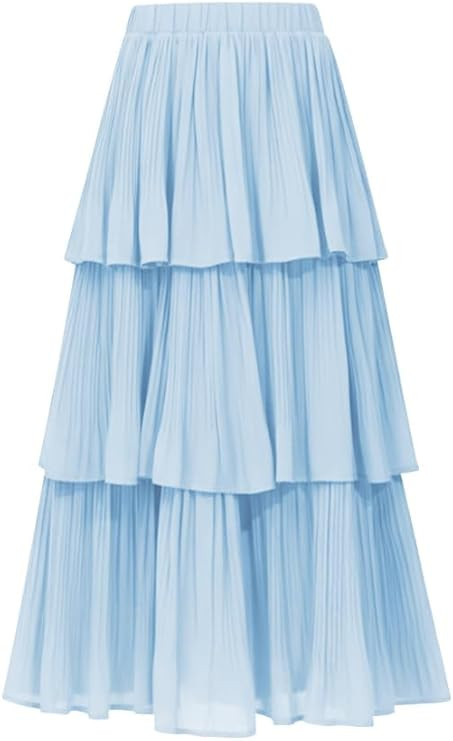 Women's Long Skirts Chiffon Elastic High Waist Maxi Skirt A-Line Tiered Dress | Amazon (US)