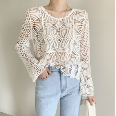 Lady Crochet Crop Top Lace Knitted Shirt See Through Hollow Out Knitwear Casual  | eBay | eBay UK