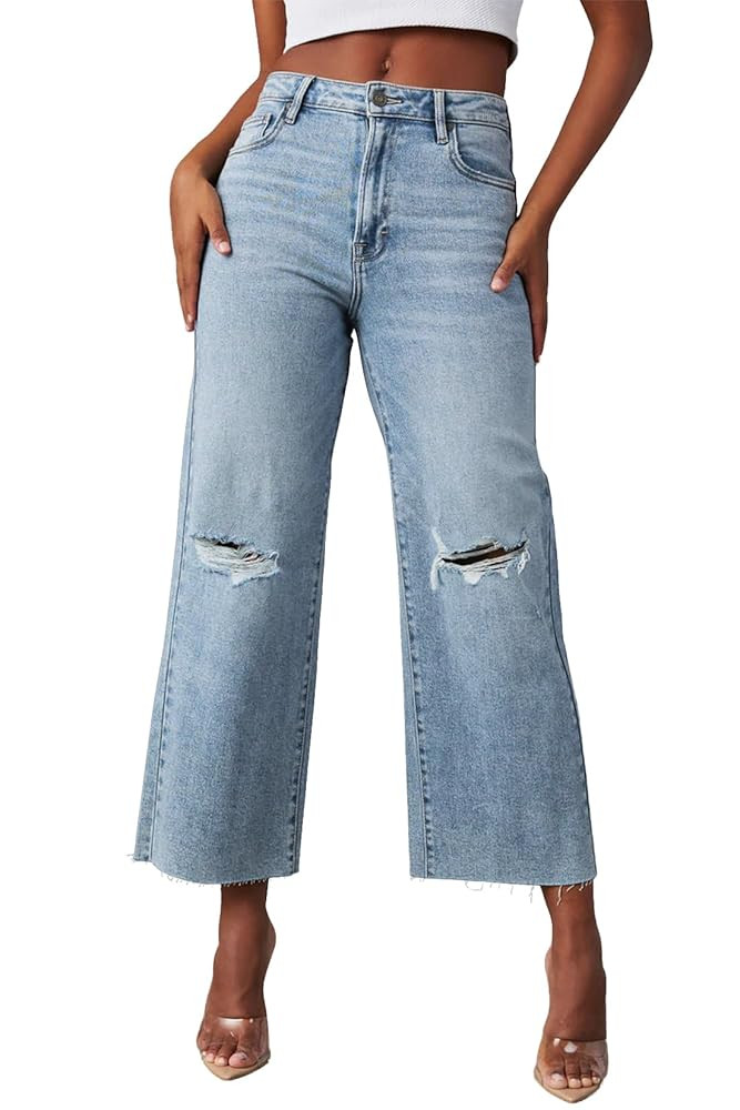 Allimy Women's High Waisted Straight Ankle Wide Leg Ripped Jeans Frayed Hem Stretchy Capri Denim ... | Amazon (US)