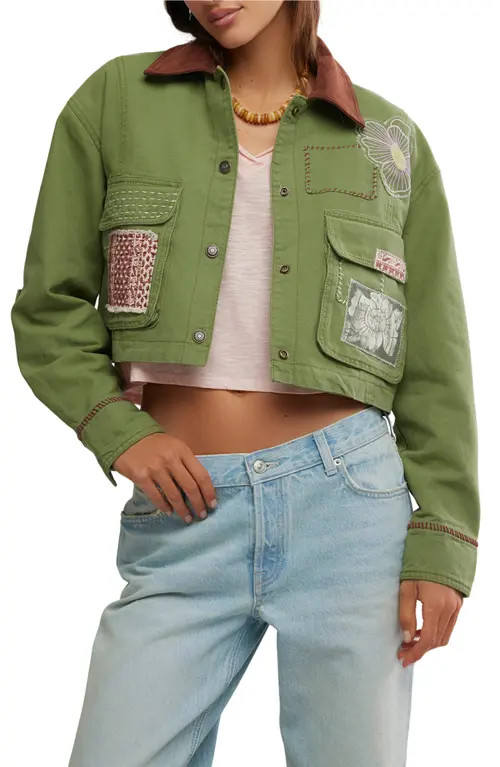 Free People Martha Workwear Appliquè Crop Jacket in Callisto Green at Nordstrom, Size X-Small | Nordstrom