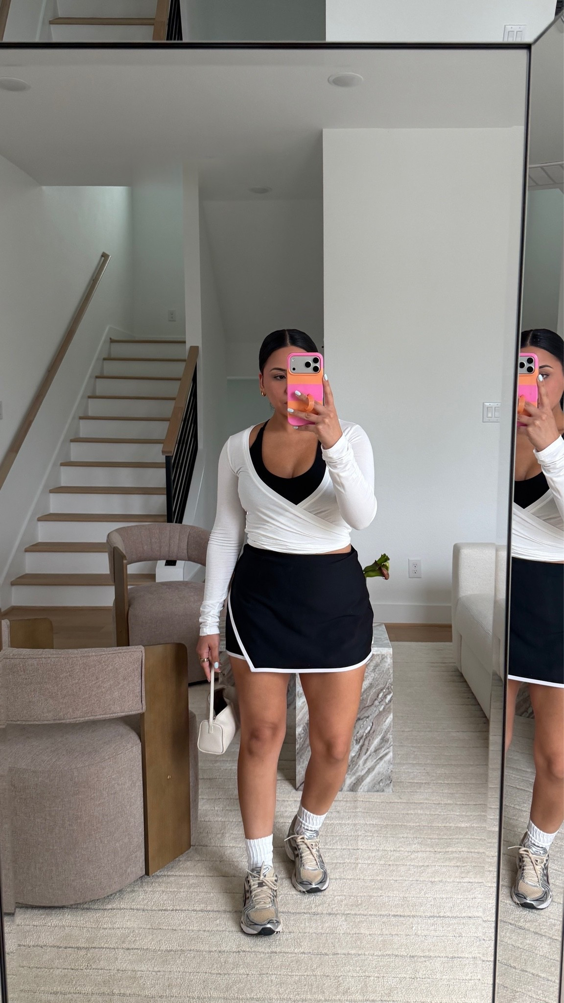 Skort: small
Wrap: small
Sports bra: small
White ankle socks 
Sneakers: 6.5 women 
Mini white bag

#LTKdayinmylife #LTKgrwm #LTKootd