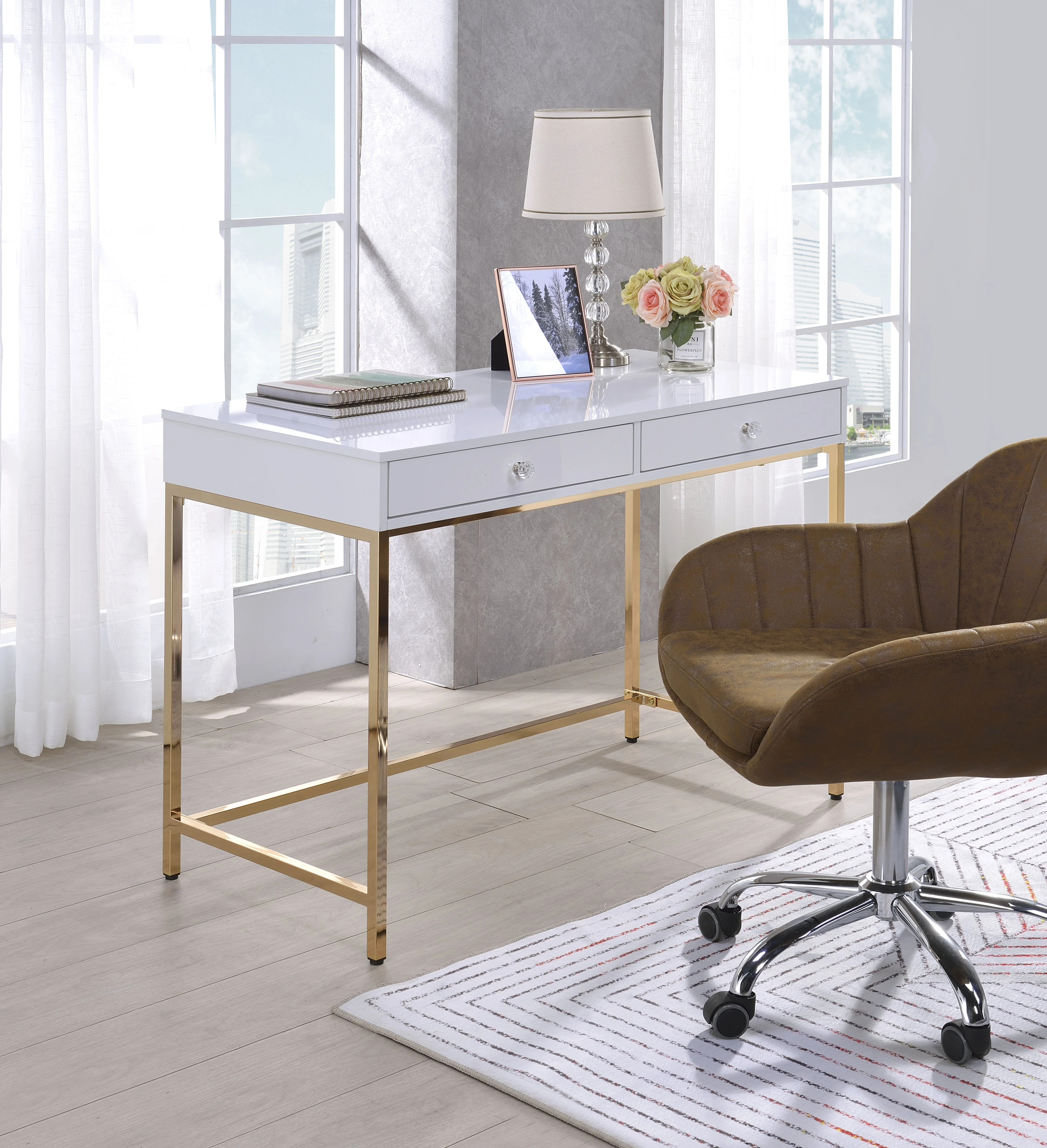 Acme Furniture Ottey Metal Frame Desk in White High Gloss and Gold | Walmart (US)