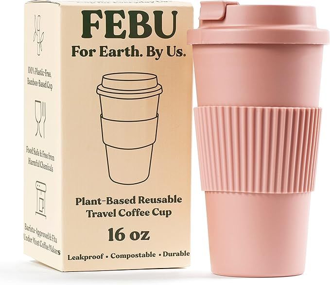 FEBU Plant-Based Reusable Coffee Cup with Lid and Sleeve | 16oz, Dusty Rose | Portable Travel Mug... | Amazon (US)