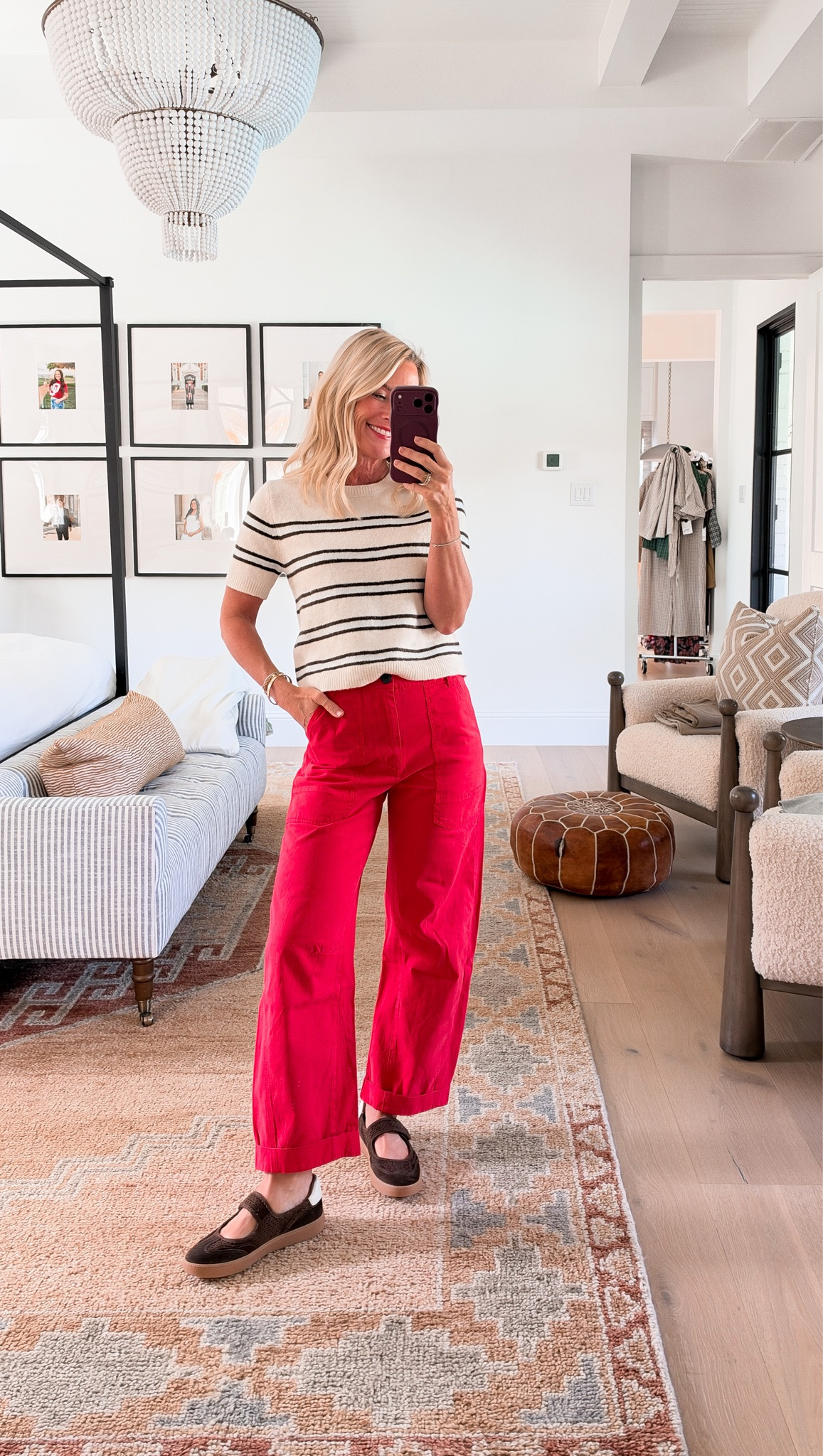 These pants are 25% off at Nordstrom right now and the perfect fall pop of red! 

Top: xs
Pants: 25, run big size down 
Shoes: tts