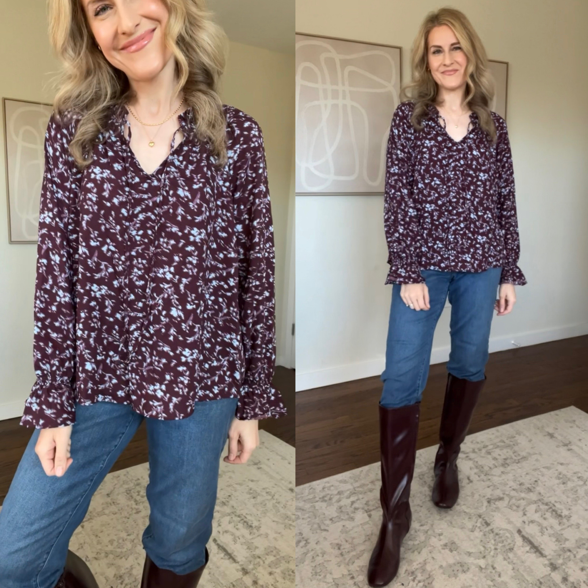 Walmart $17.98 ruffle neck blouse fully stocked in four colorways. True to size small. A little low cut, you may need a cami with this one. #walmartfinds 

#LTKFindsUnder100 #LTKOver40 #LTKFindsUnder50