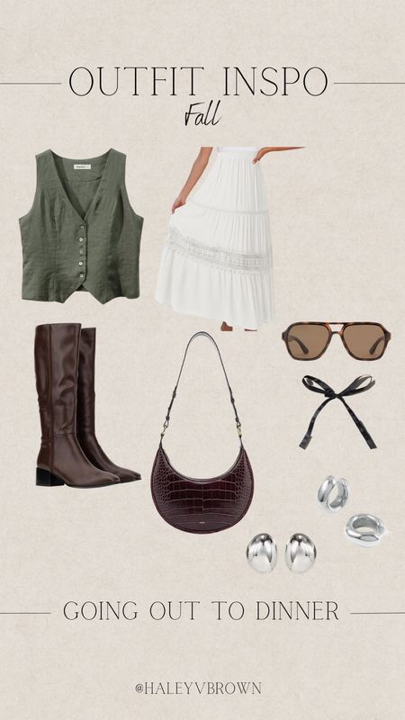 Fall Outfit, Going Out Outfit, Linen Vest, Brown Boots, Brown Bag, Ribbon, Silver Chunky Earrings, Retro, 2023 Fall, Green Top, Midi Skirt, Maxi Skirt, Maxi Skirt, Pinterest Outfit, Sunglasses, Fall Vibes, Date Night Outfit, Fall Date Night, Girls Night Out

#LTKstyletip #LTKSeasonal #LTKshoecrush