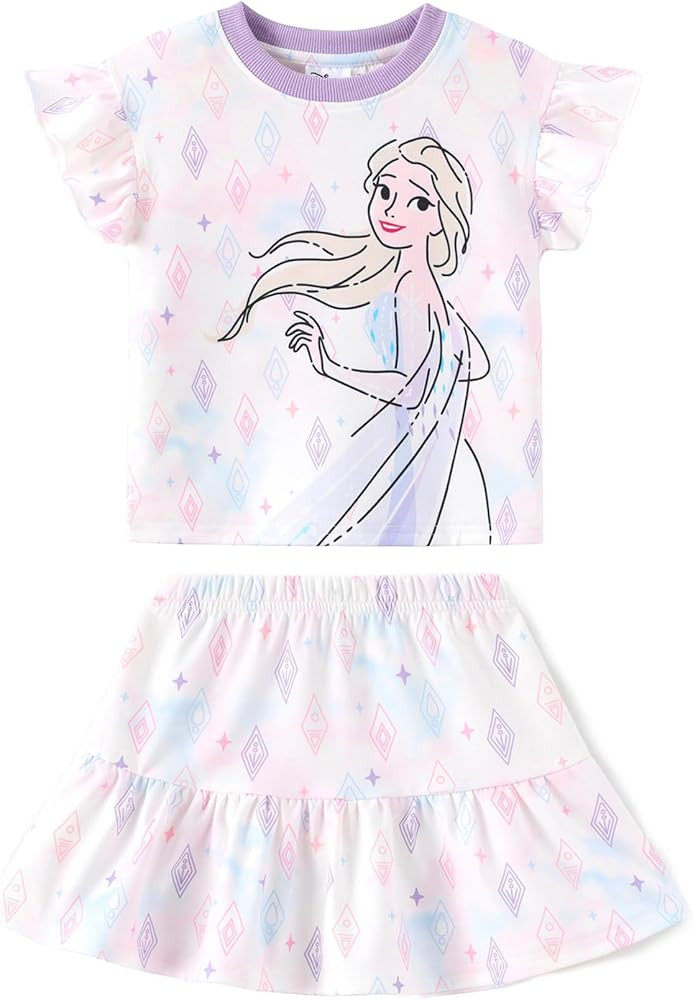 Disney Frozen Elsa Minnie Mouse Stitch Princess Girls' Skirt Sets Ruffle Short Sleeve Clothes 2pc... | Amazon (US)