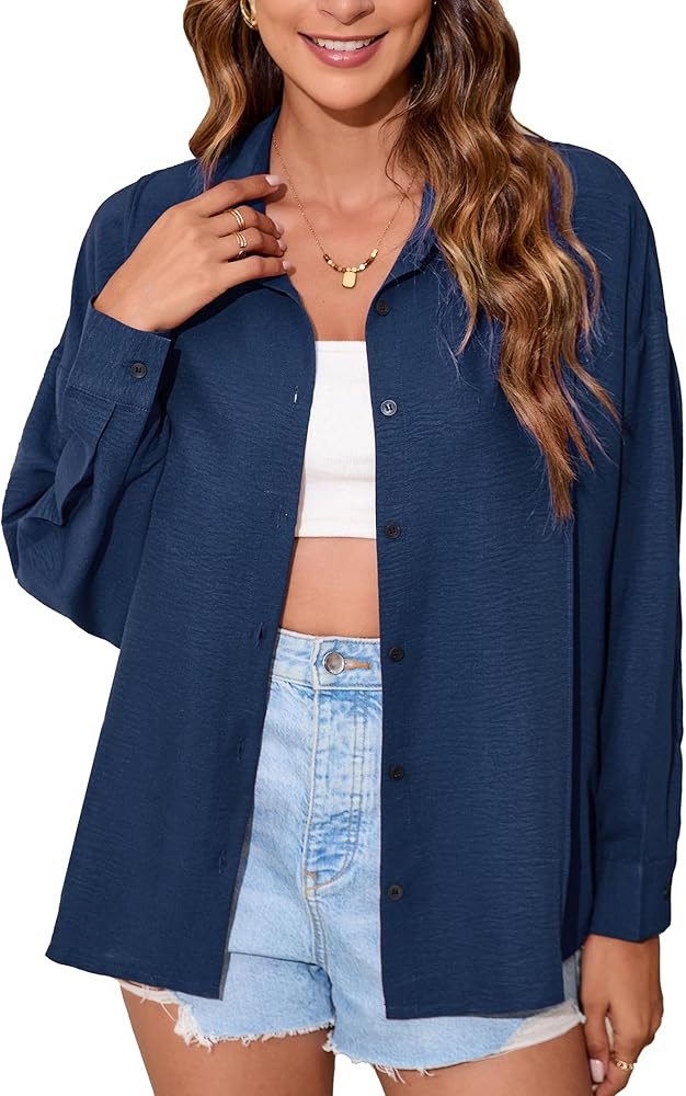 Amazon.com: Stamain Women's Button Down Shirts Oversized Beige Top Long Sleeve Button Up Gauze Sh... | Amazon (US)