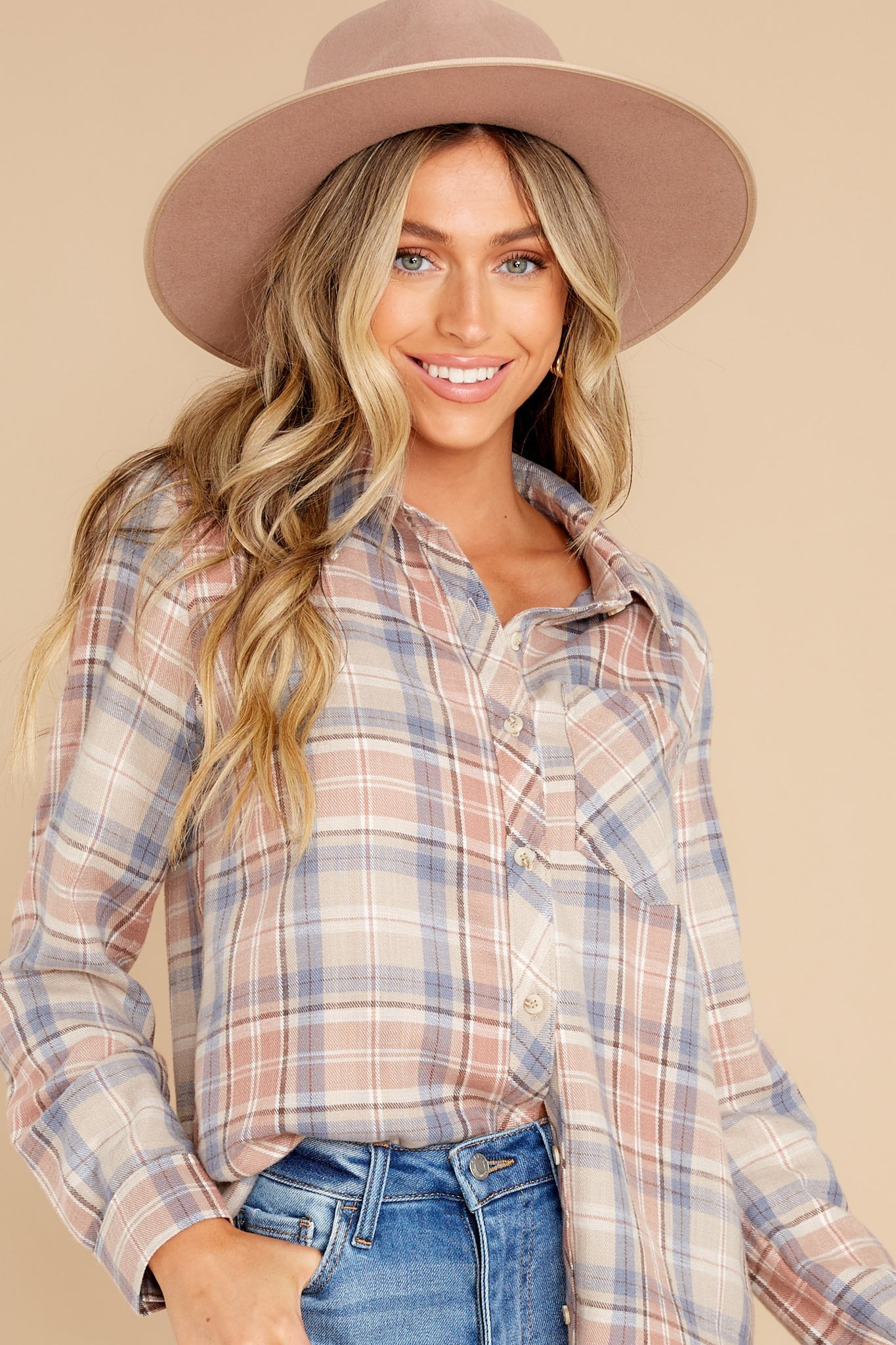 Open Season Tan Plaid Top | Red Dress 