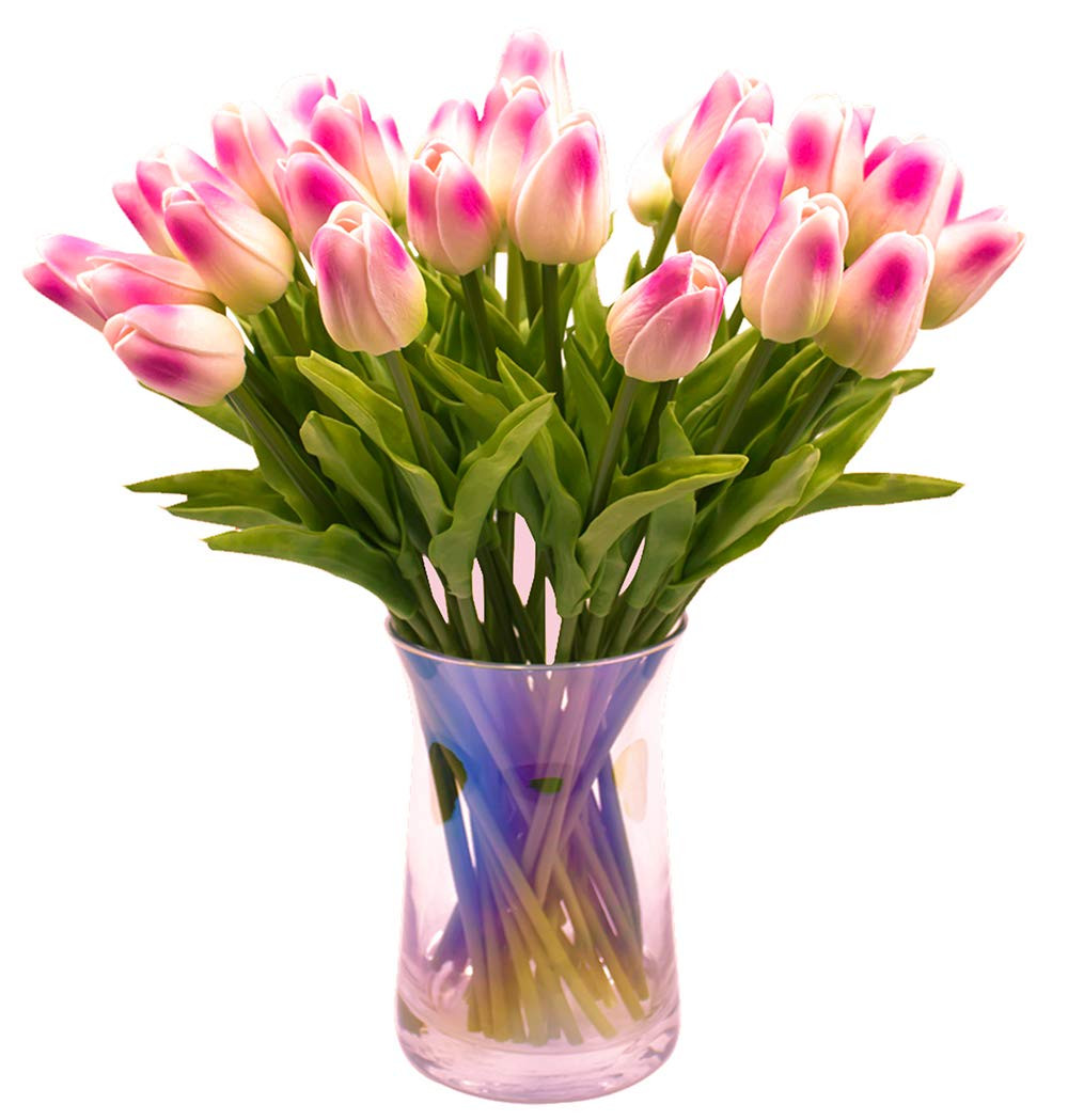 30pcs Artificial Tulips Flowers Real Touch Pink Tulips Fake Holland PU Tulip Bouquet Latex Flowers for Wedding Party Office Home Kitchen Decoration (Dark Pink) | Amazon (US)