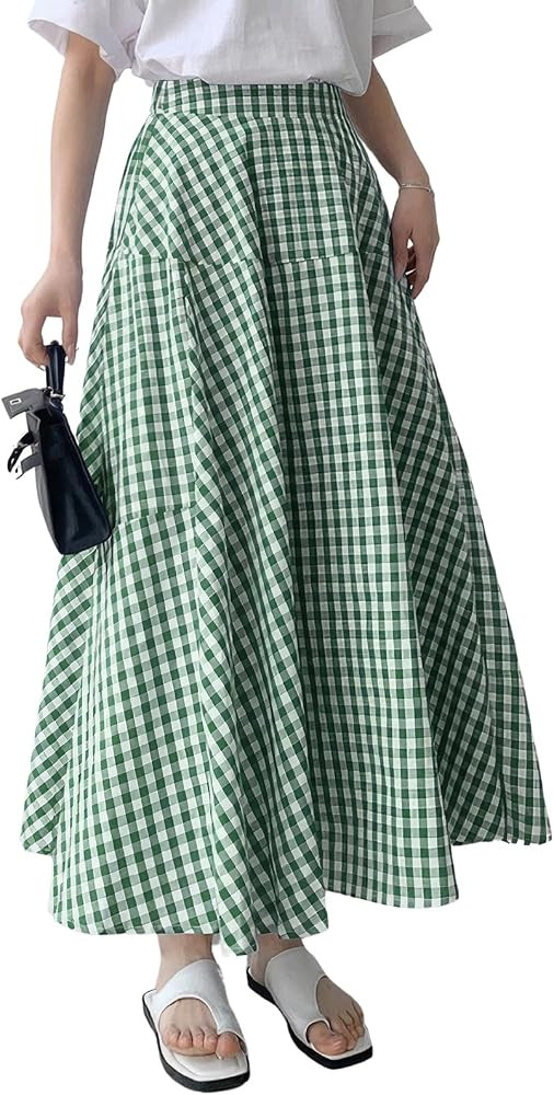ebossy Women's Casual Retro Plaid A-Line Swing Boho Skirts Elastic Waist Flared Gingham Long Skir... | Amazon (US)