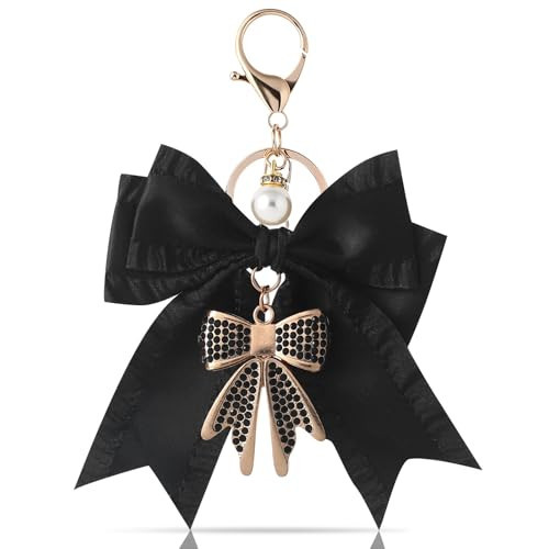 YAIYUQILIU Bow Keychain for Women, Rhinestone Pearl Bow Purse Charm - Cute Crystal Bag Charms for Backpacks Handbags Purses Accessories (Black) | Amazon (US)