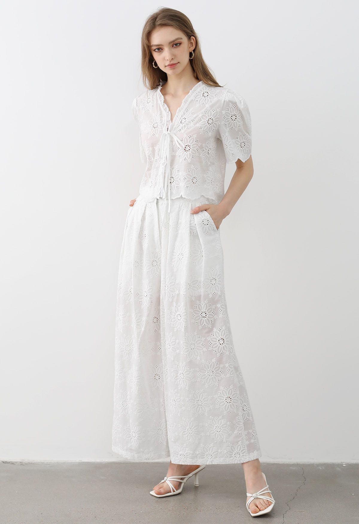 Sunflower Eyelet Embroidered Puff Sleeve Top and Pants Set in White | Chicwish