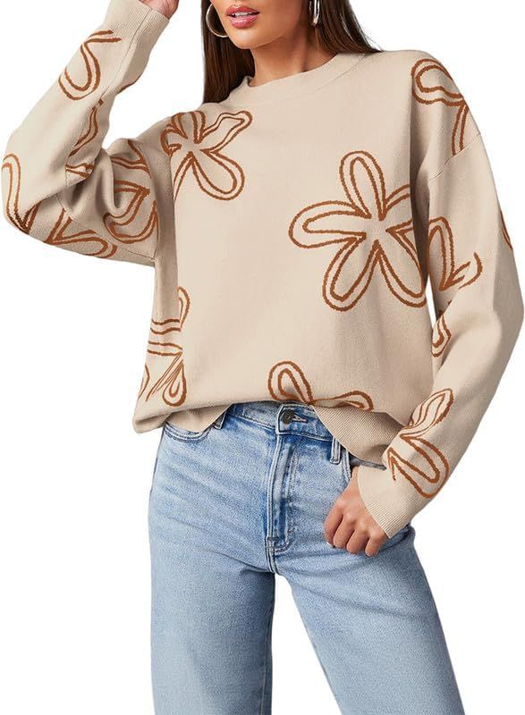 Dokotoo Sweaters for Women Casual Crewneck Long Sleeve Floral Print Cable Knit Pullover Sweater T... | Amazon (US)