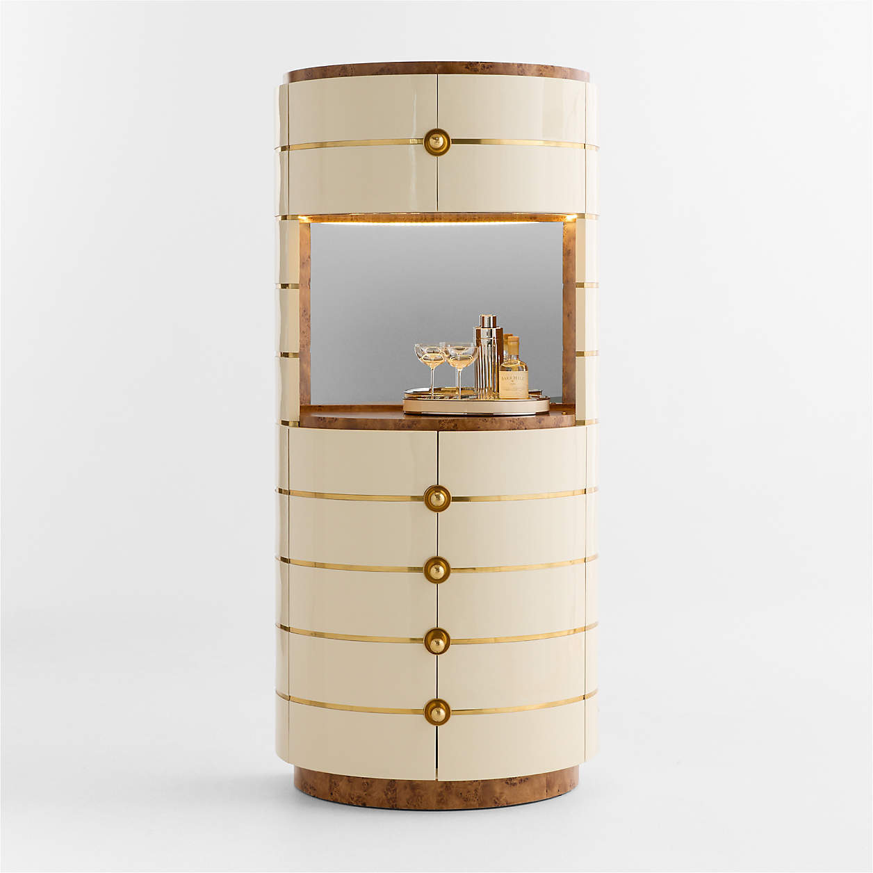 Arlo Burl Wood & Brass 34" Gloss Lacquer Bar Cabinet by Laura Harrier & Tiffany Howell | Crate & ... | Crate & Barrel