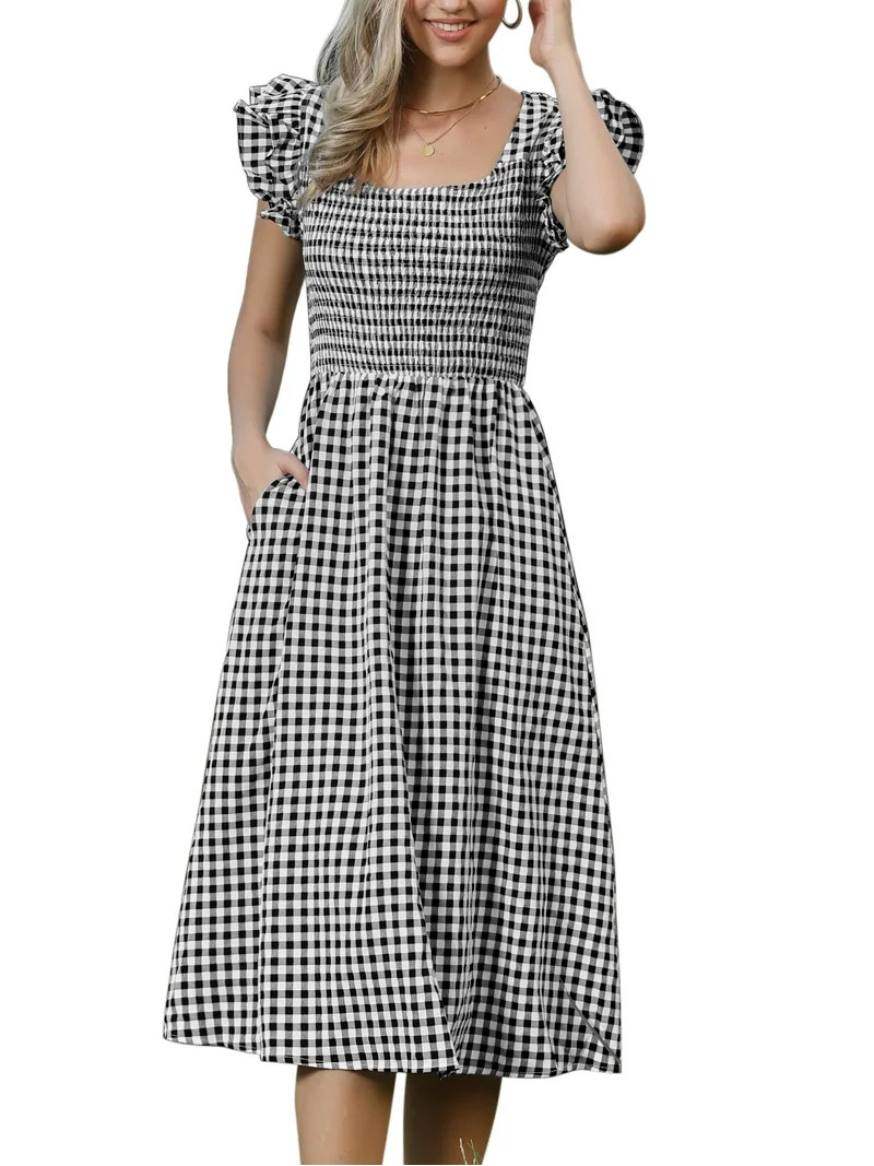 INSPIRE CHIC Women's Gingham Plaid Midi Dress Square Neck Smocked Waist Ruffle Cuff Casual Dress ... | Walmart (US)