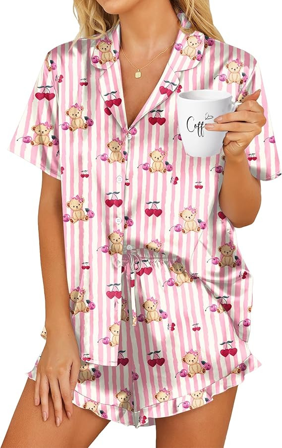 HOTOUCH Womens Satin Pajamas Set Button Down 2 Piece Silk Pjs Shorts Set Ruffle Lingerie Notch Co... | Amazon (US)