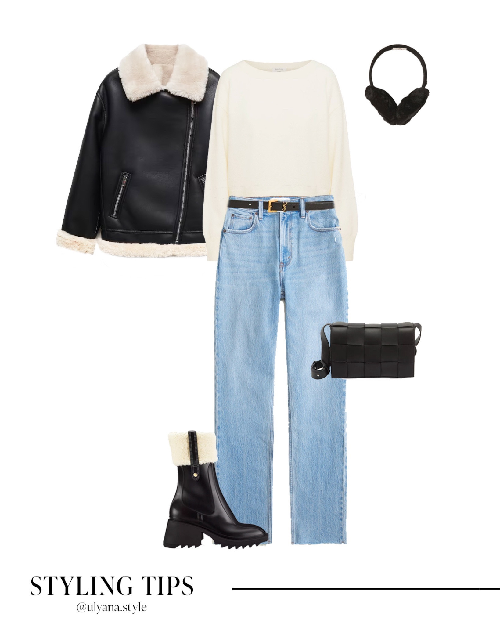 A shearling jacket is styled with a white sweater, light wash jeans | black booties, handbag, and earmuffs makes a cute casual winter outfit.
.
.
.
.
.
.
.
.
.
Winter boots | winter outfit | winter jacket | winter fashion | Sherpa jacket | aviator jacket |  black jacket | mango jacket | jeans outfit | jeans and boots | straight jeans | Abercrombie jeans | high waisted jeans | cream sweater | white sweater | sweater outfit | ivory sweater | winter sweater | boots outfit | boots 2023 | winter boots | snow boots | shearling boots | black ankle boots | fur boots | designer bags | winter bags | trending bags | ugg earmuffs | 
#LTKGiftGuide #LTKSeasonal #LTKFind #LTKunder50 #LTKunder100 #LTKHoliday #LTKU #LTKsalealert #LTKfindsunder50 #LTKfindsunder100 #LTKstyletip #LTKworkwear #LTKtravel #LTKshoecrush #LTKitbag 