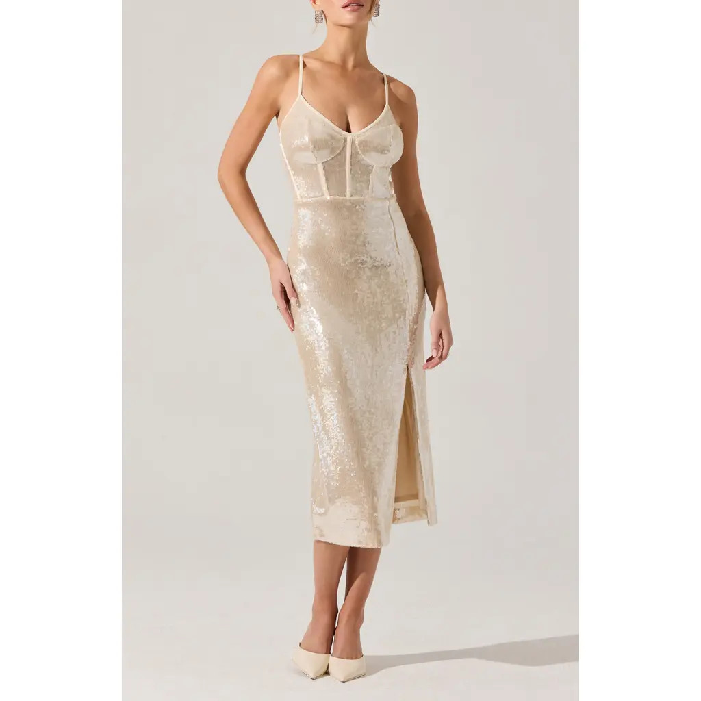 ASTR the Label Liese Sequin Corset Midi Dress in Cream at Nordstrom, Size Medium | Nordstrom