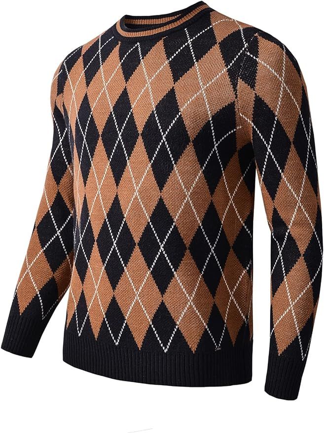 zhilifs Men's Retro Argyle Sweater Long Sleeve Slim Fit Crewneck Pullover Sweater | Amazon (US)