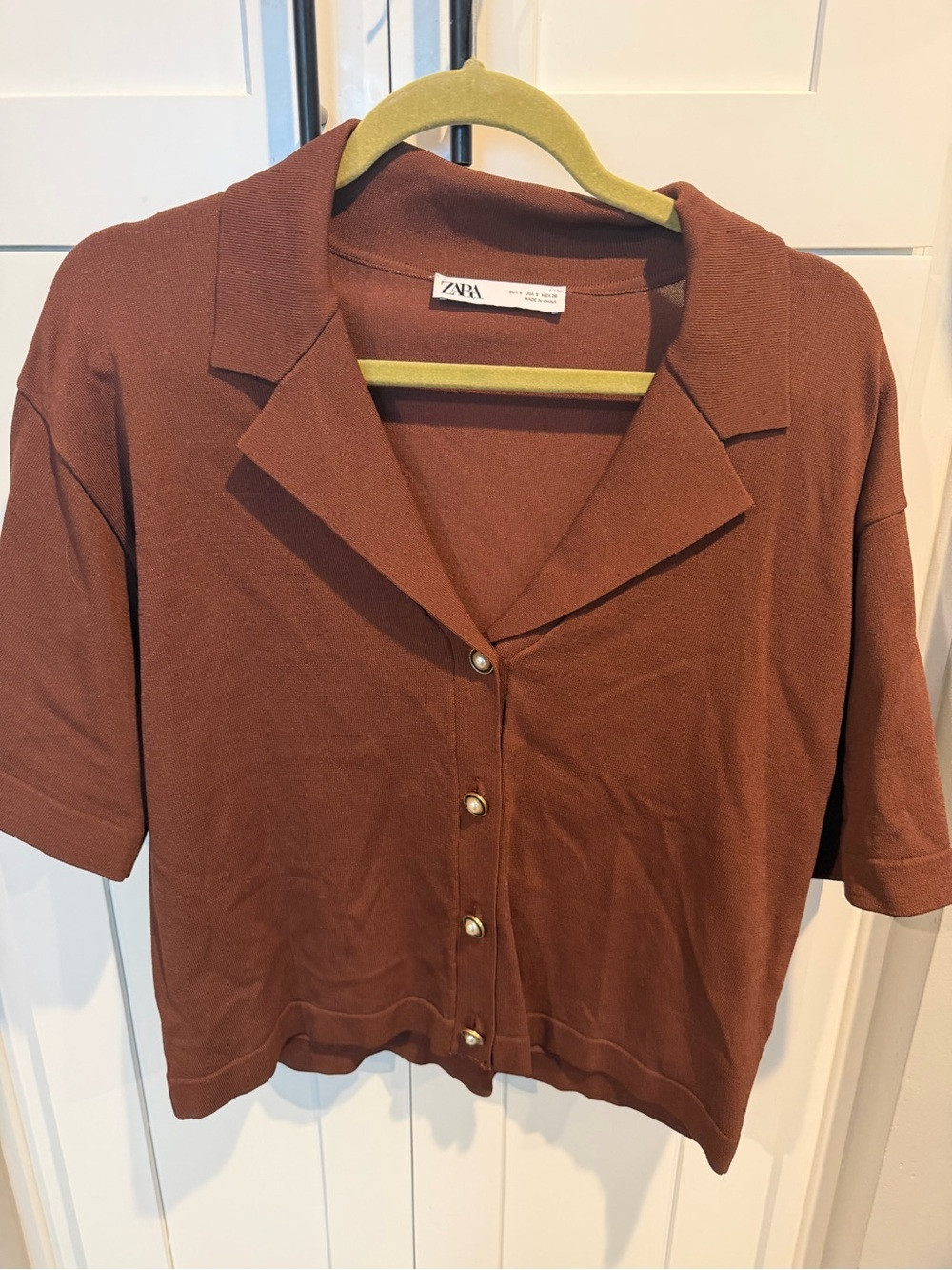 ZARA Short Sleeve Chocolate Brown Button-Up Top | Poshmark