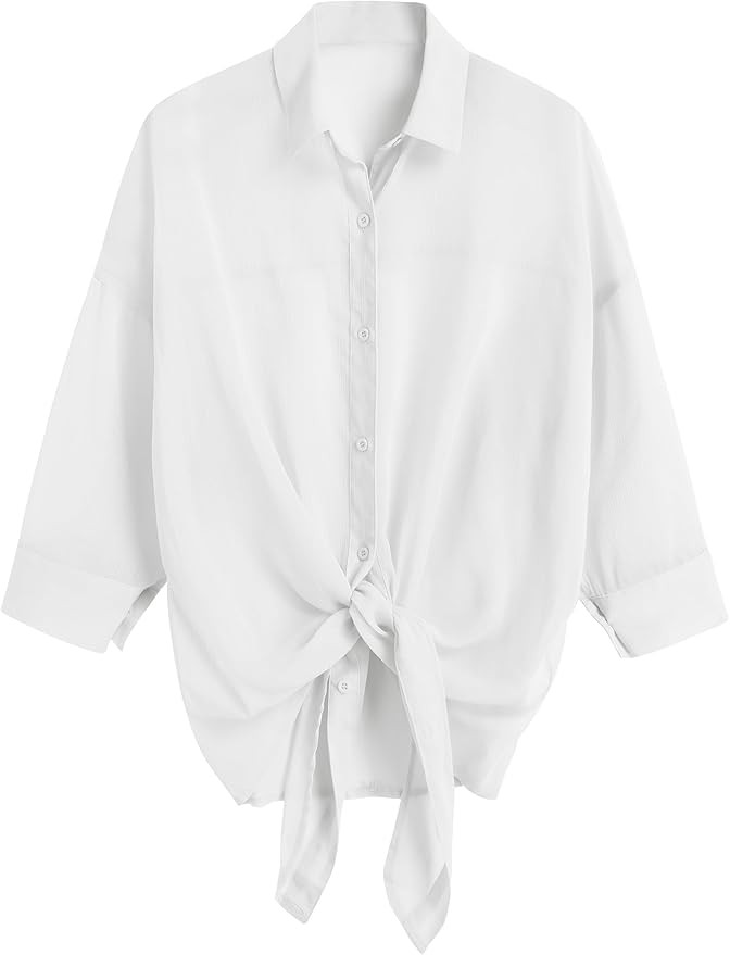 ZAFUL Women's Bikini Swimwear Cover Up Semi-Sheer V Neck Button Up Top Shirt Blouse Beachwear | Amazon (US)