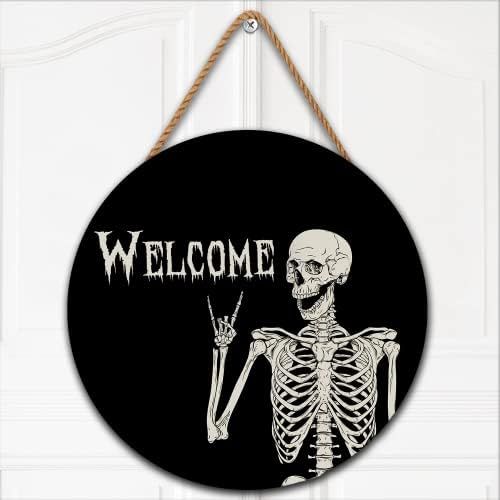 Halloween Skull Welcome Door Sign Halloween Front Door Hanger Decor Rustic Wood Hanging Door Wreath  | Amazon (US)