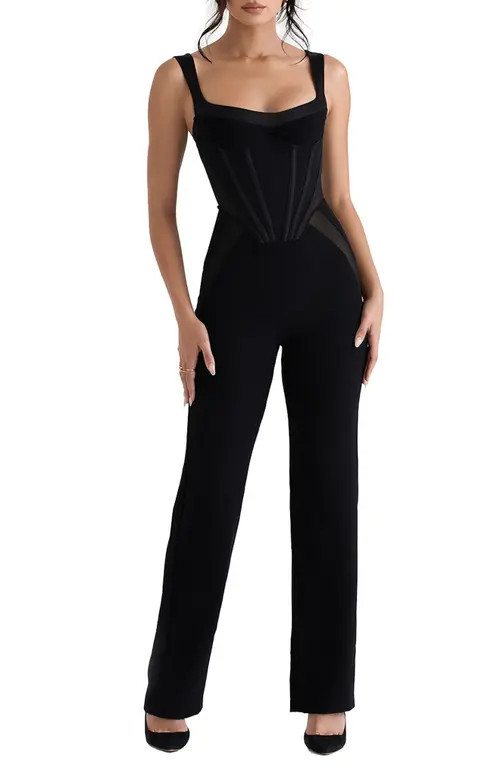 HOUSE OF CB Mylene Corset Mesh Panel Jumpsuit in Black at Nordstrom, Size Small A | Nordstrom