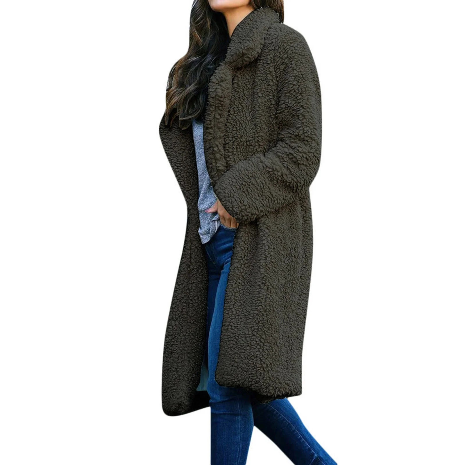 Women's Fuzzy Fleece Open Front Long Cardigan Coat Lapel Collar Warm Winter Loose Outwear Jackets... | Walmart (US)