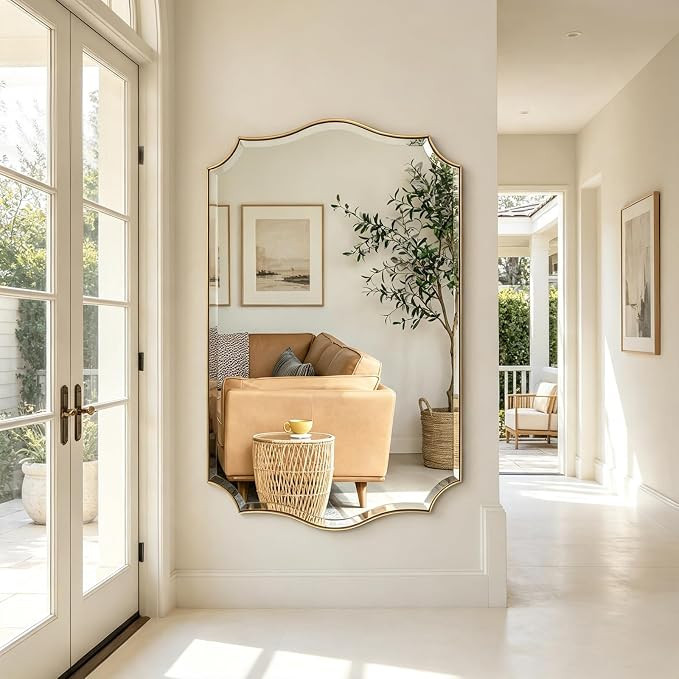 POZINO 48"x30" Premium Brushed Gold Scalloped Beveled Mirror for Wall | Amazon (US)