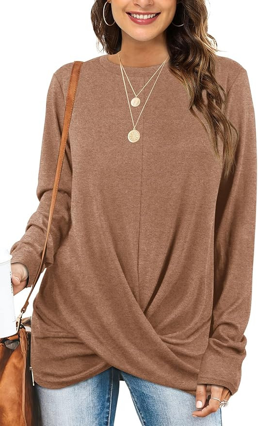 Jescakoo Tunic Tops For Leggings For Women Twist Front Long Sleeve Crew Neck Shirts | Amazon (US)