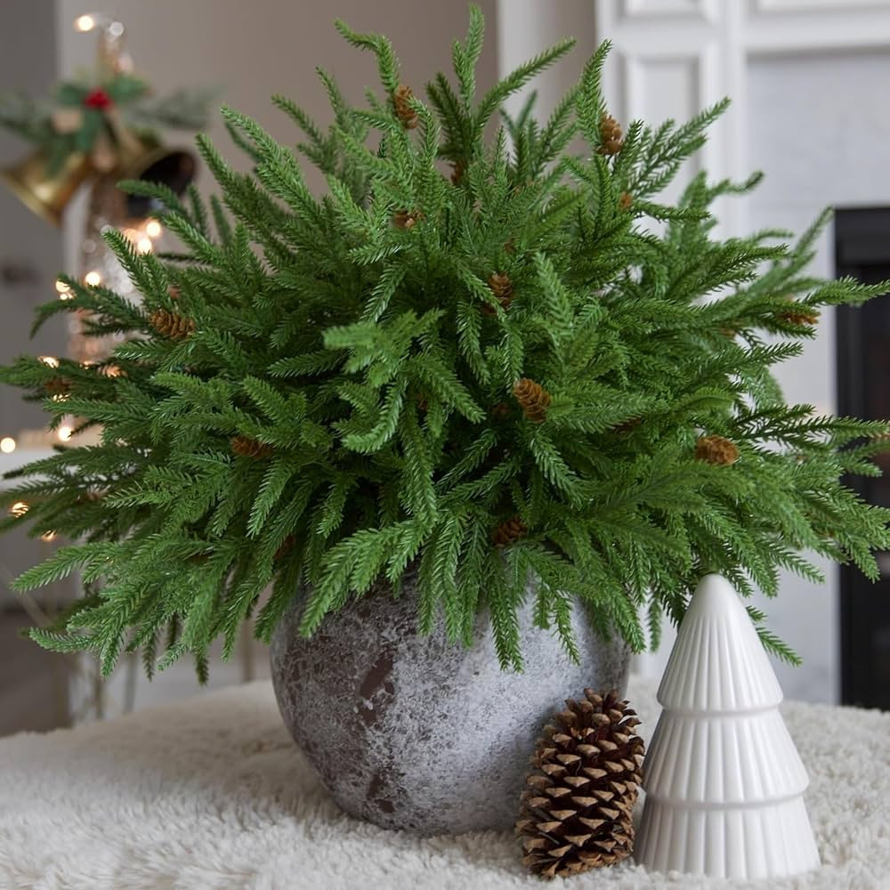 Artificial Christmas Norfolk Pine Stems Branches for Vases,12 Bundles Fake Faux Evergreen Green R... | Amazon (US)