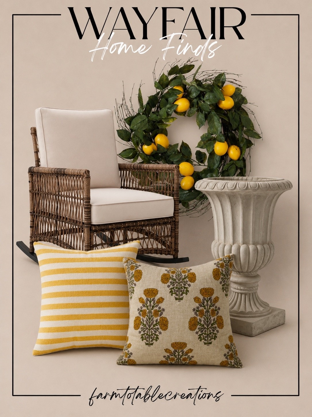 Sunny Citrus Finds for Summer 🍋☀️

Nothing says summer quite like cheerful lemon accents and warm woven textures! This collection brings together timeless outdoor pieces that instantly brighten a porch, patio, or sunroom. From the cozy wicker rocking chair to the charming lemon wreath and sunny yellow pillows, every piece adds a fresh, welcoming touch to your home.

Whether you’re refreshing your front porch or creating a cozy corner for morning coffee, these Wayfair finds are the perfect blend of classic charm and seasonal style.

Follow @farmtotablecreations on Instagram for more cozy, elevated home finds and trending decor. 🍋🤍

#LTKHome #WayfairFinds #SummerDecor #LemonDecor #FrontPorchDecor #PorchStyling #OutdoorLiving #PatioDecor #CozyHome #CottageStyle #FarmhouseDecor #TraditionalHome #HomeInspiration #OutdoorFurniture #SeasonalDecor #LTKStyle #HomeFinds #PorchGoals #SummerHome #FarmToTableCreations

#LTKSaleAlert #LTKHome #LTKSeasonal
