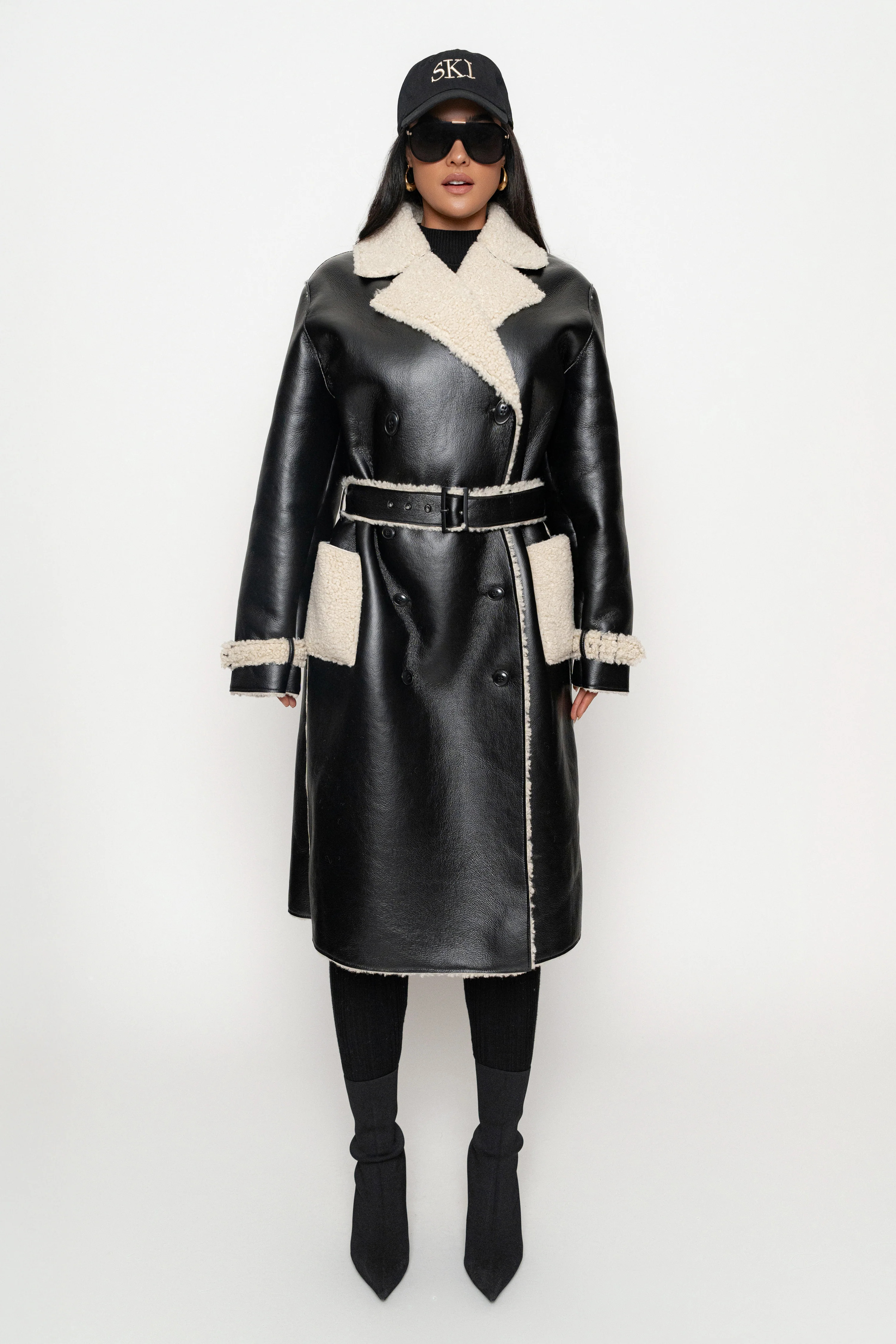 Black/Ivory Sherpa And Faux Leather Coat | JLUXLABEL