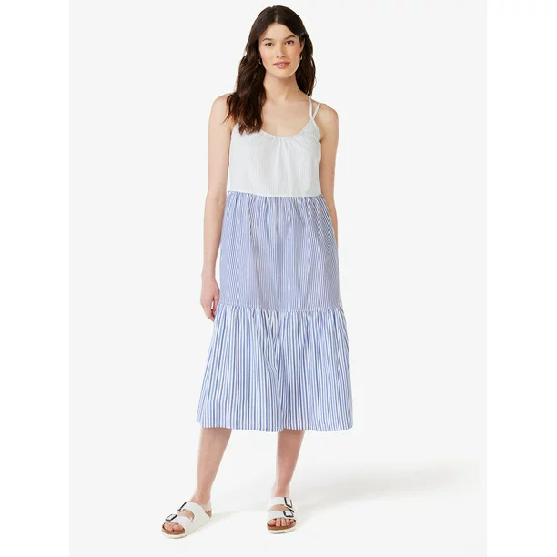 Free Assembly Women's Sleeveless Double Strap Cross Back Tiered Midi Dress, Sizes XS-XXXL | Walmart (US)