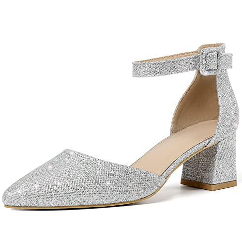 RIBONGZ Silver Wedding Shoes for Women Bride Closed Toe Heels Comfortable Low Chunky Kitten Block Heel Pumps Work Party Sexy Glitter Dressy Shoes 9 | Amazon (US)