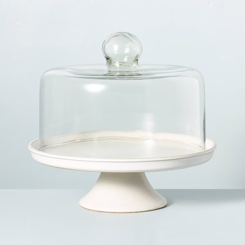 Modern Rim Stoneware & Glass Cloche Pedestal Cake Stand Sour Cream - Hearth & Hand™... | Target