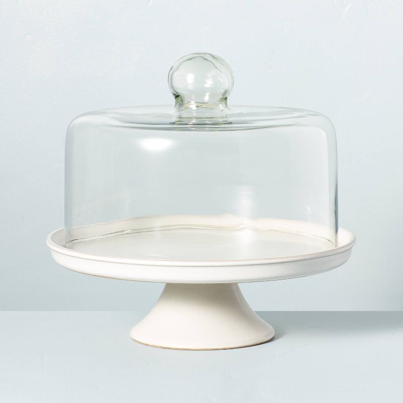 Modern Rim Stoneware &#38; Glass Cloche Pedestal Cake Stand Sour Cream - Hearth &#38; Hand&#8482;... | Target