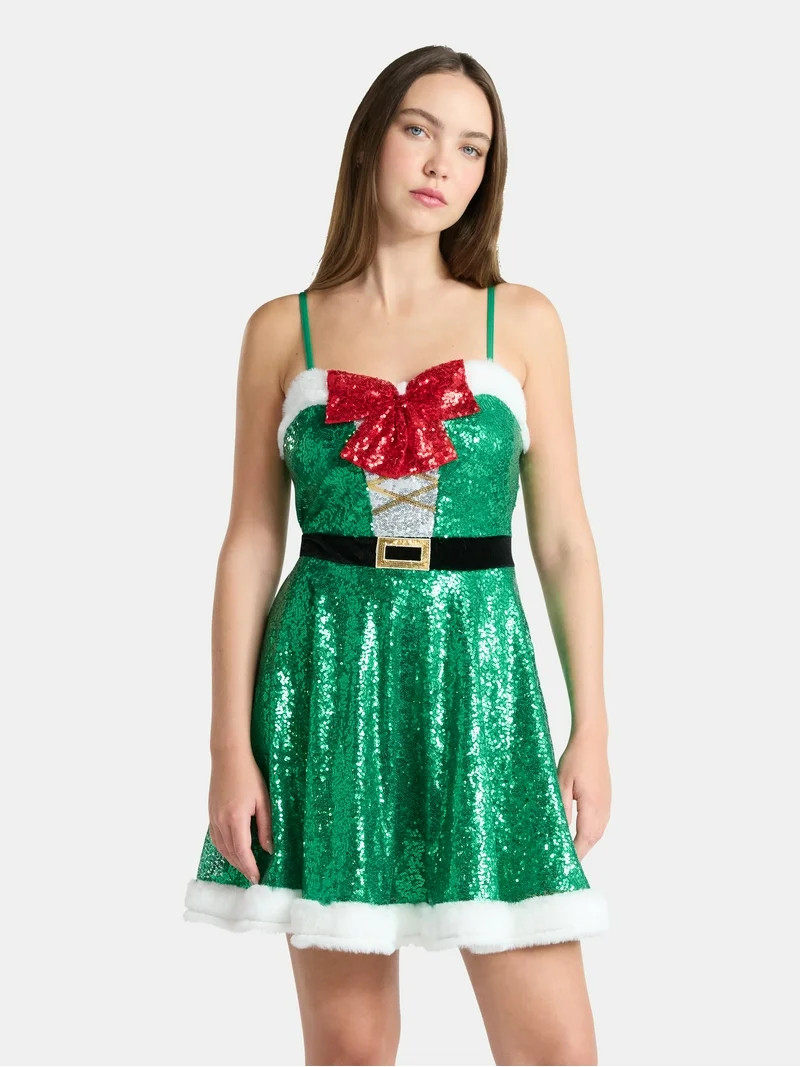No Boundaries Nutcracker Sequin Mini Dress, Women's | Walmart (US)