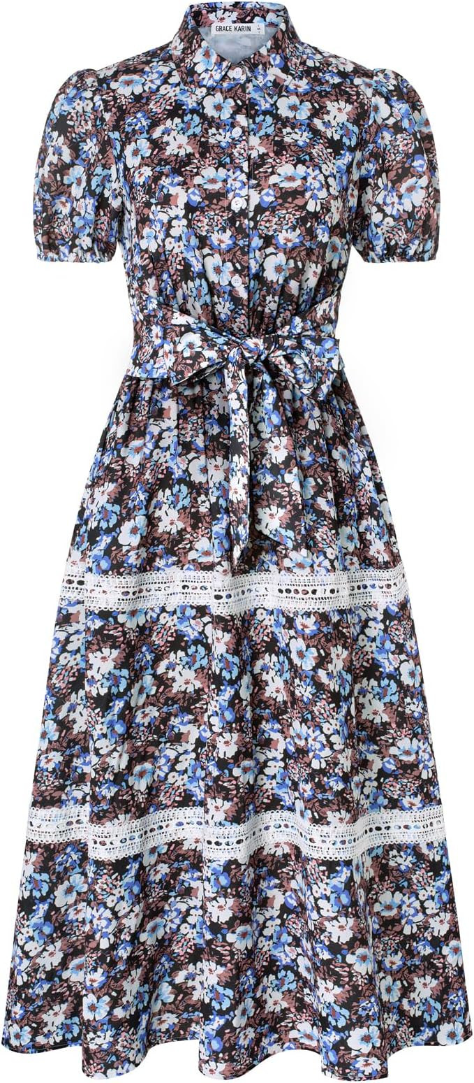 GRACE KARIN Women's 2026 Summer Floral Flowy Dresses Boho Tie Belt Short Puff Sleeve A Line Maxi ... | Amazon (US)
