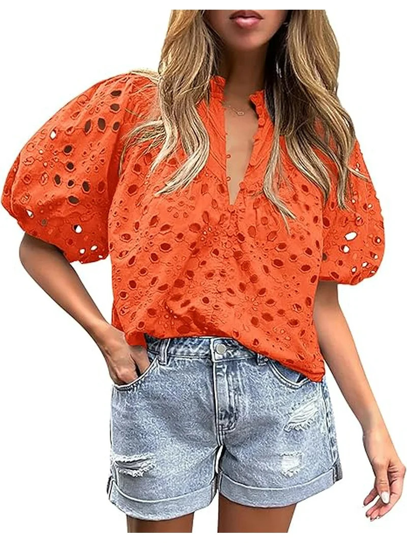 PRETTYGARDEN Women's Summer Tops Dressy Casual Short Lantern Sleeve V Neck Buttons Hollow Out Lac... | Walmart (US)