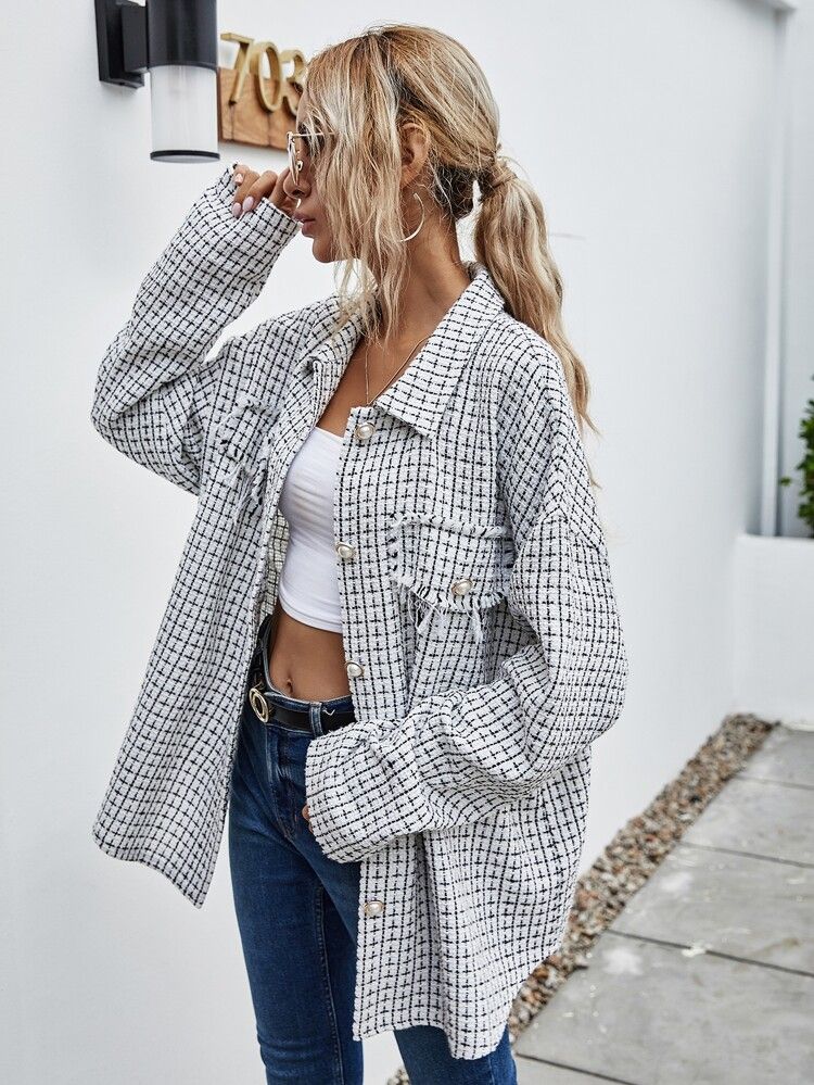 Plaid Print Single Breasted Drop Shoulder Tweed Coat | SHEIN