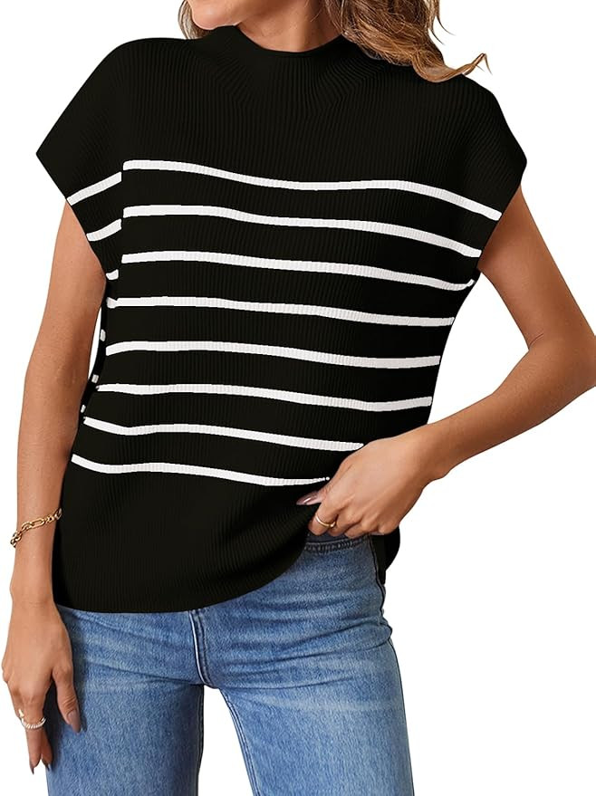 MEROKEETY Women's 2024 Sleeveless Mock Neck Striped Sweater Vest Cap Sleeve Ribbed Knit Pullover ... | Amazon (US)